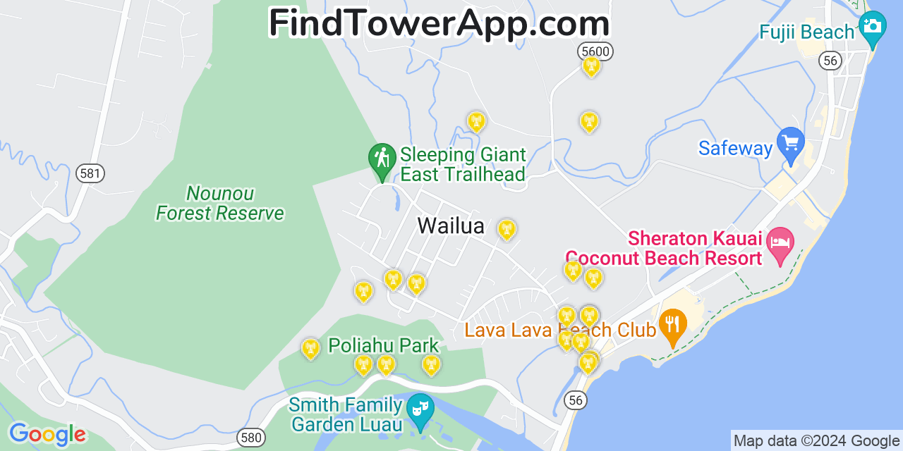 AT&T 4G/5G cell tower coverage map Wailua, Hawaii