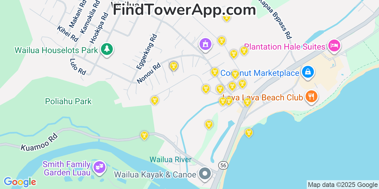 Map showing the 20 primary cell tower locations detected in Wailua, Hawaii from AT&T, Verizon, and T-Mobile networks