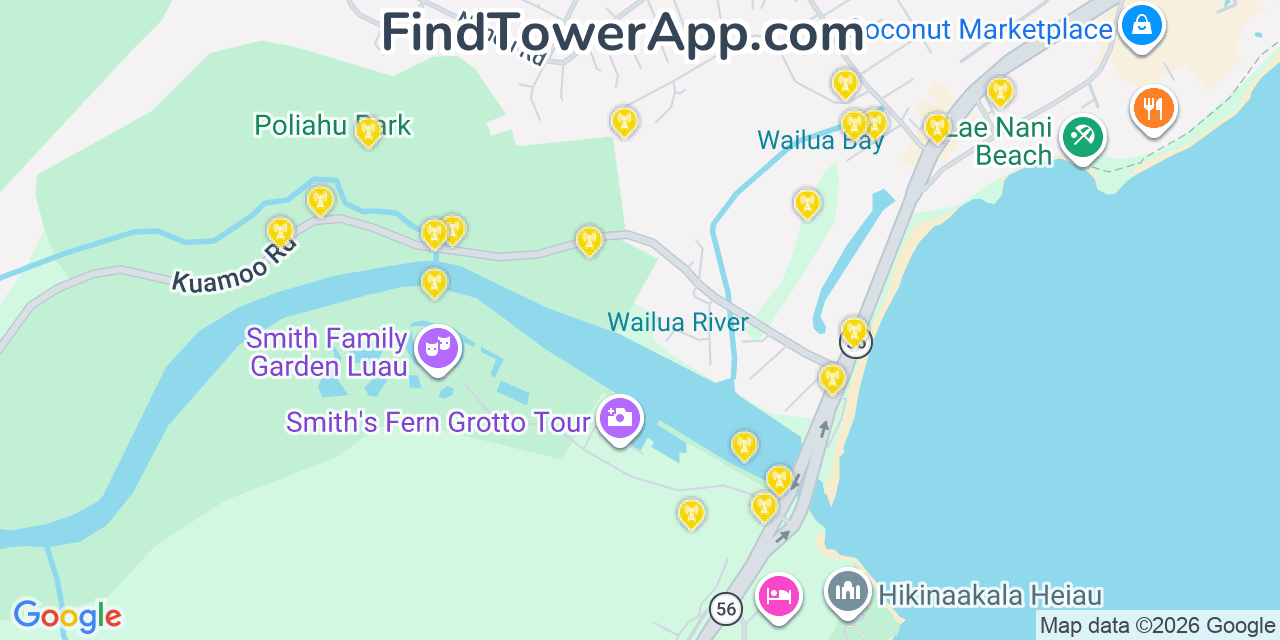 Map showing the 20 primary cell tower locations detected in Wailua, Hawaii from AT&T, Verizon, and T-Mobile networks