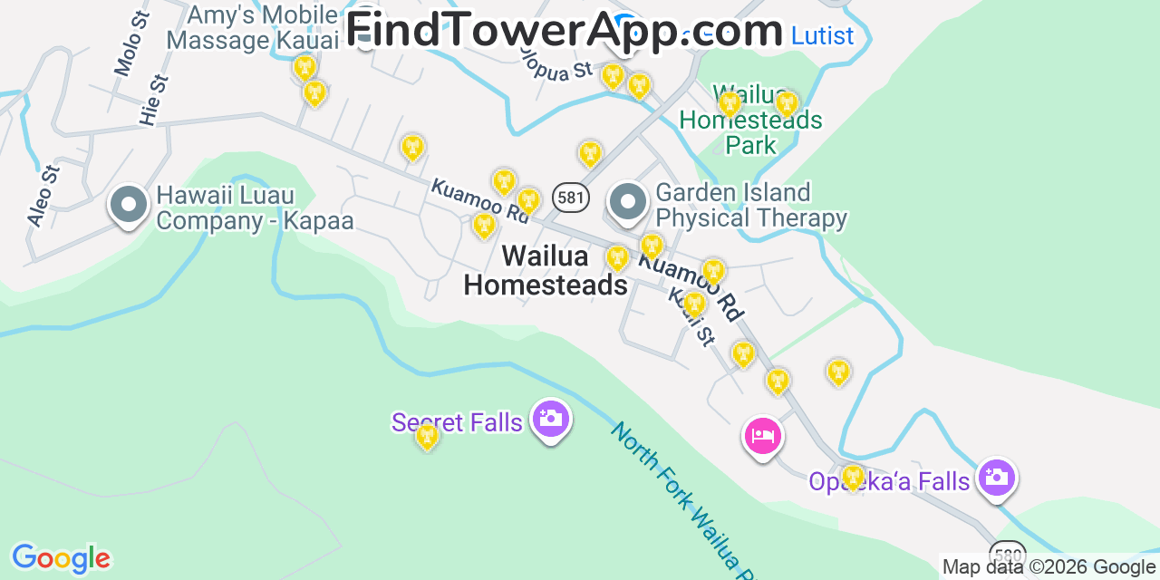 Map showing the 20 primary cell tower locations detected in Wailua Homesteads, Hawaii from AT&T, Verizon, and T-Mobile networks