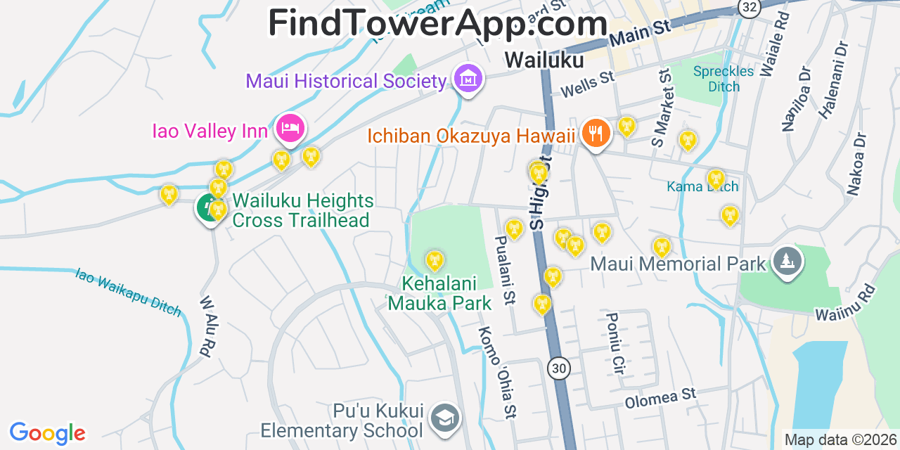 Map showing the 20 primary cell tower locations detected in Wailuku, Hawaii from AT&T, Verizon, and T-Mobile networks