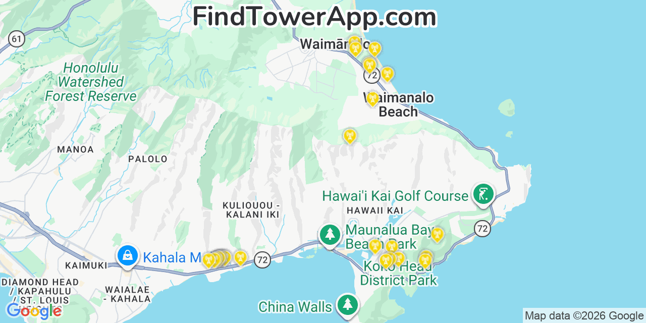 Map showing the 27 primary AT&T cell tower locations detected in WaimäNalo Beach, Hawaii with coverage radius and signal strength indicators