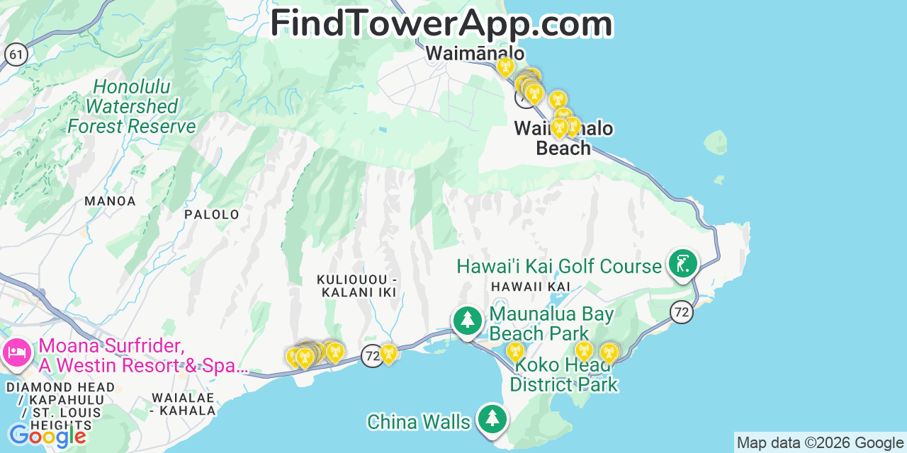 Map showing the 35 primary T-Mobile cell tower locations detected in WaimäNalo Beach, Hawaii with coverage radius and signal strength indicators
