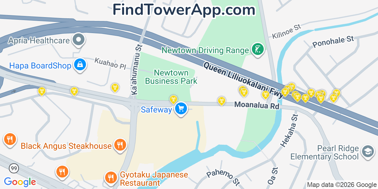 Map showing the 20 primary cell tower locations detected in Waimalu, Hawaii from AT&T, Verizon, and T-Mobile networks