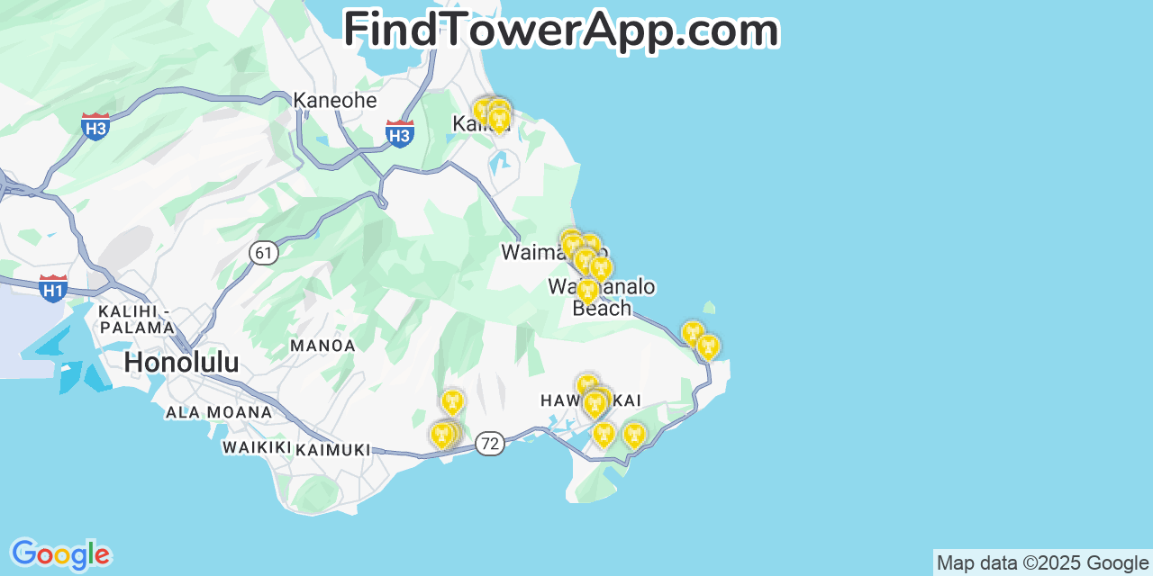Map showing the 27 primary AT&T cell tower locations detected in Waimānalo Beach, Hawaii with coverage radius and signal strength indicators