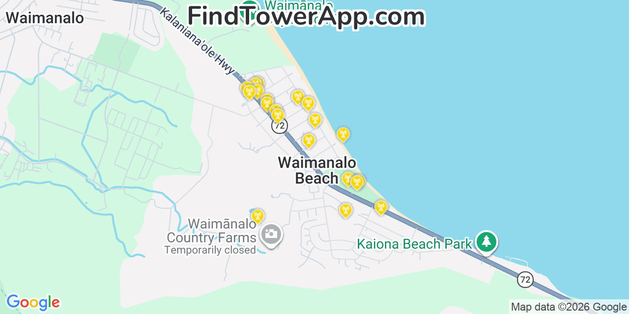 Map showing the 20 primary cell tower locations detected in Waimānalo Beach, Hawaii from AT&T, Verizon, and T-Mobile networks