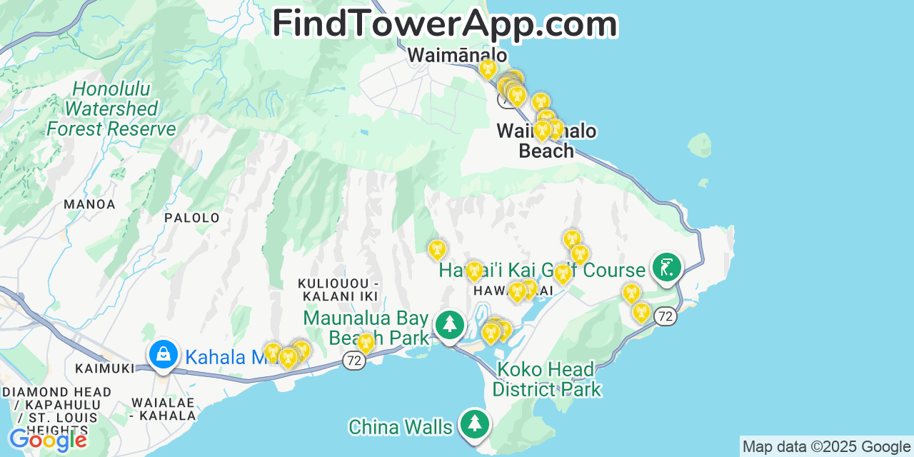 Map showing the 35 primary T-Mobile cell tower locations detected in Waimānalo Beach, Hawaii with coverage radius and signal strength indicators