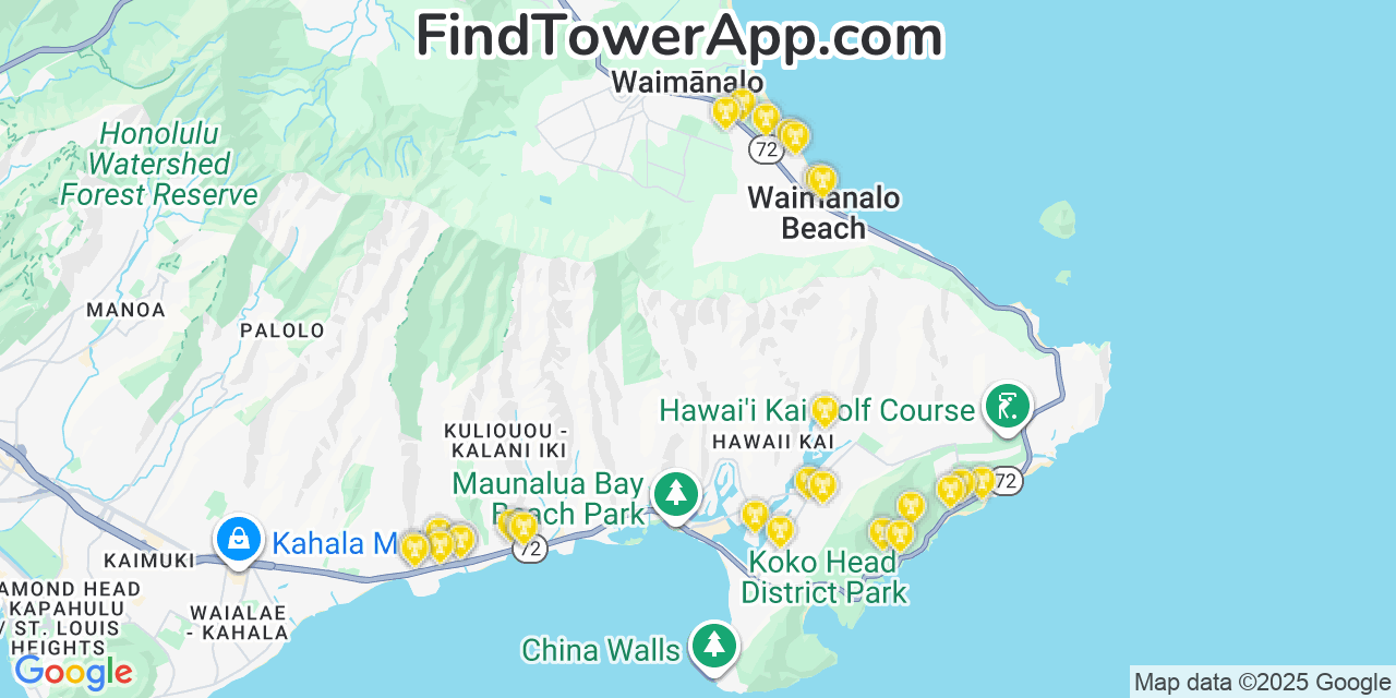 Map showing the 27 primary Verizon cell tower locations detected in Waimānalo Beach, Hawaii with coverage radius and signal strength indicators