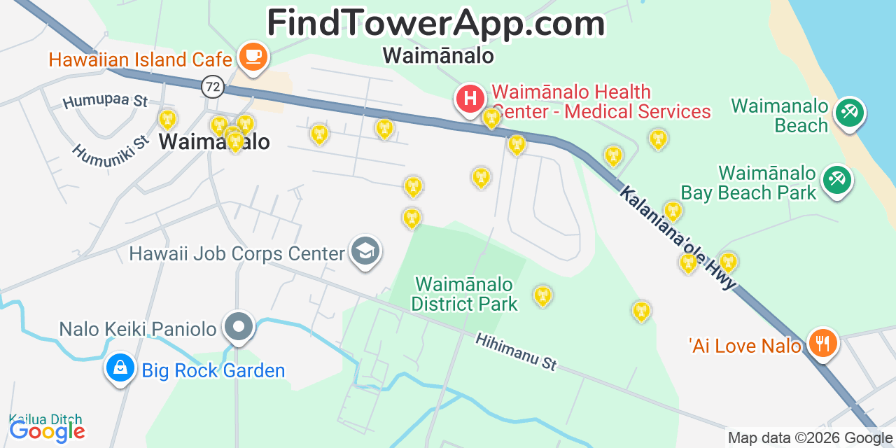 Map showing the 20 primary cell tower locations detected in Waimanalo, Hawaii from AT&T, Verizon, and T-Mobile networks