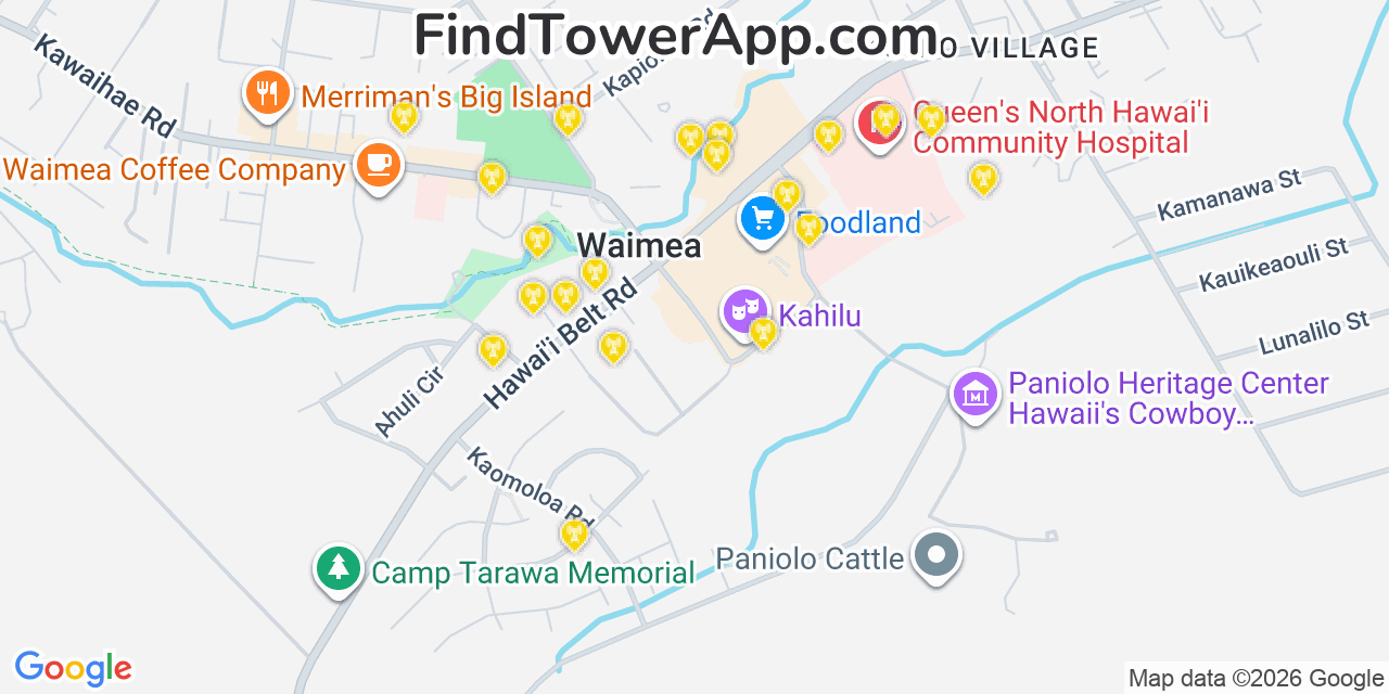 Map showing the 20 primary cell tower locations detected in Waimea, Hawaii from AT&T, Verizon, and T-Mobile networks