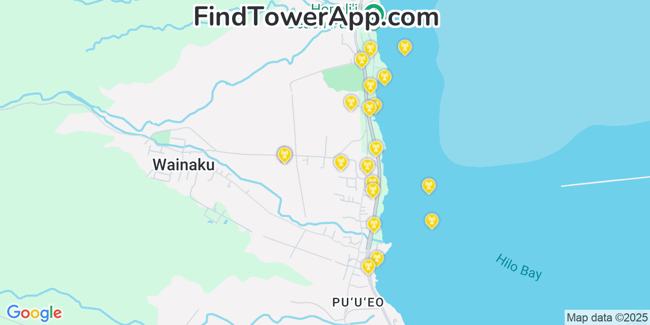 Map showing the 20 primary cell tower locations detected in Wainaku, Hawaii from AT&T, Verizon, and T-Mobile networks
