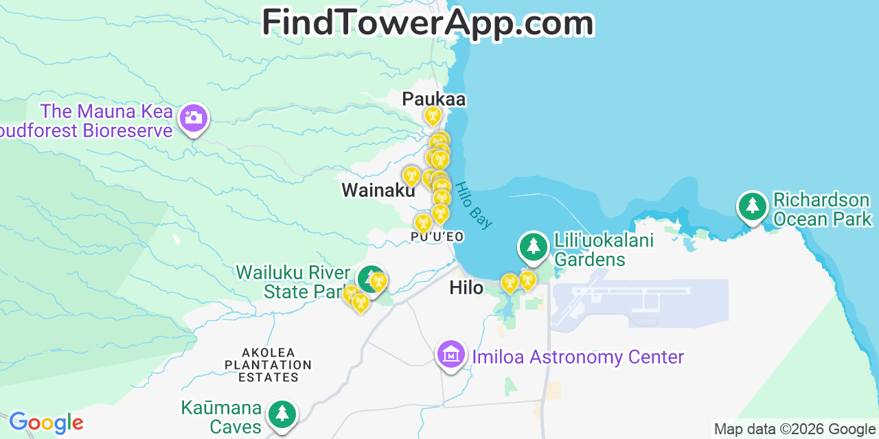 Map showing the 20 primary cell tower locations detected in Wainaku, Hawaii from AT&T, Verizon, and T-Mobile networks