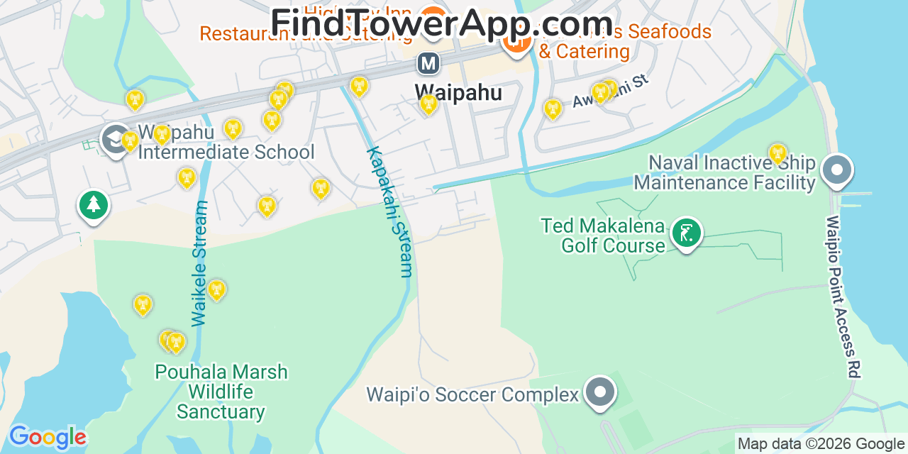 Map showing the 20 primary cell tower locations detected in Waipahu, Hawaii from AT&T, Verizon, and T-Mobile networks