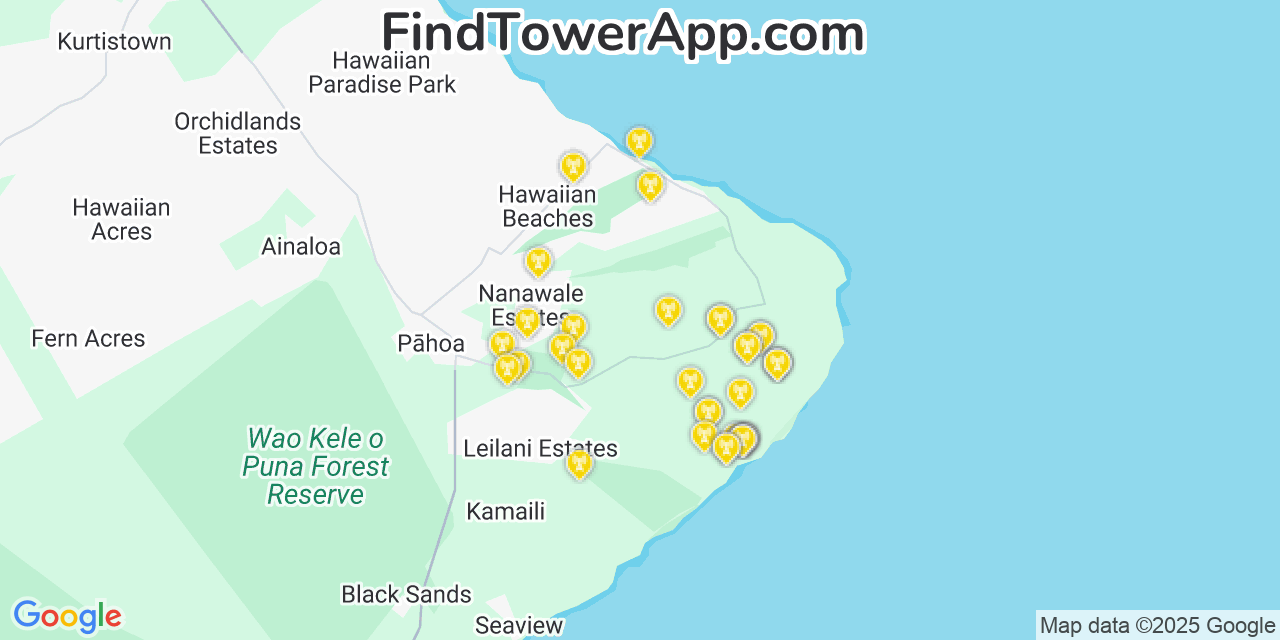 Map showing the 36 primary T-Mobile cell tower locations detected in Waipi�O Acres, Hawaii with coverage radius and signal strength indicators