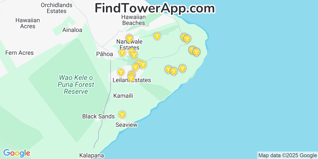 Map showing the 30 primary Verizon cell tower locations detected in Waipi�O Acres, Hawaii with coverage radius and signal strength indicators