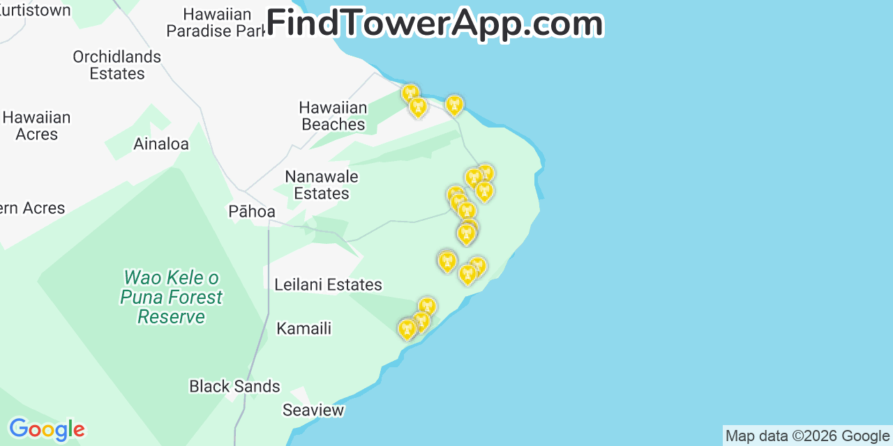 Map showing the 20 primary AT&T cell tower locations detected in Waipi�O Acres, Hawaii with coverage radius and signal strength indicators
