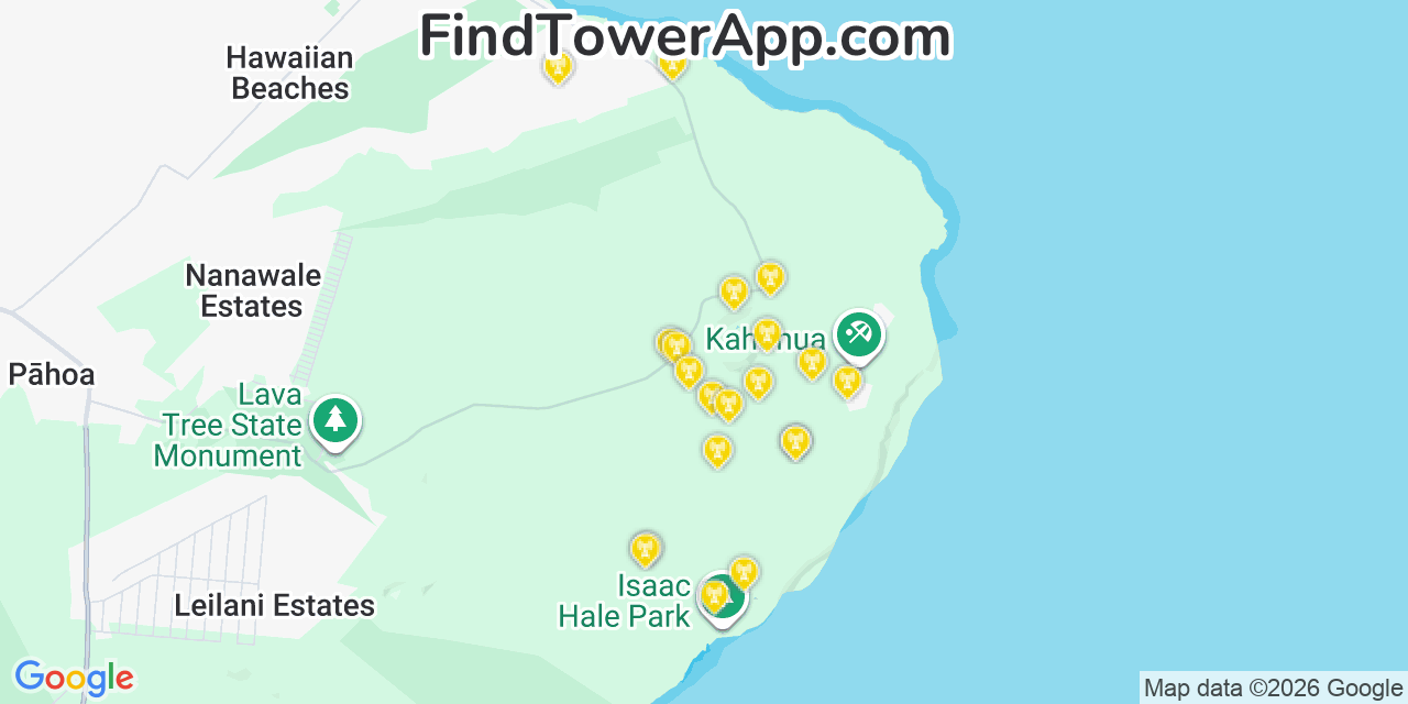 Map showing the 20 primary cell tower locations detected in Waipi�O Acres, Hawaii from AT&T, Verizon, and T-Mobile networks
