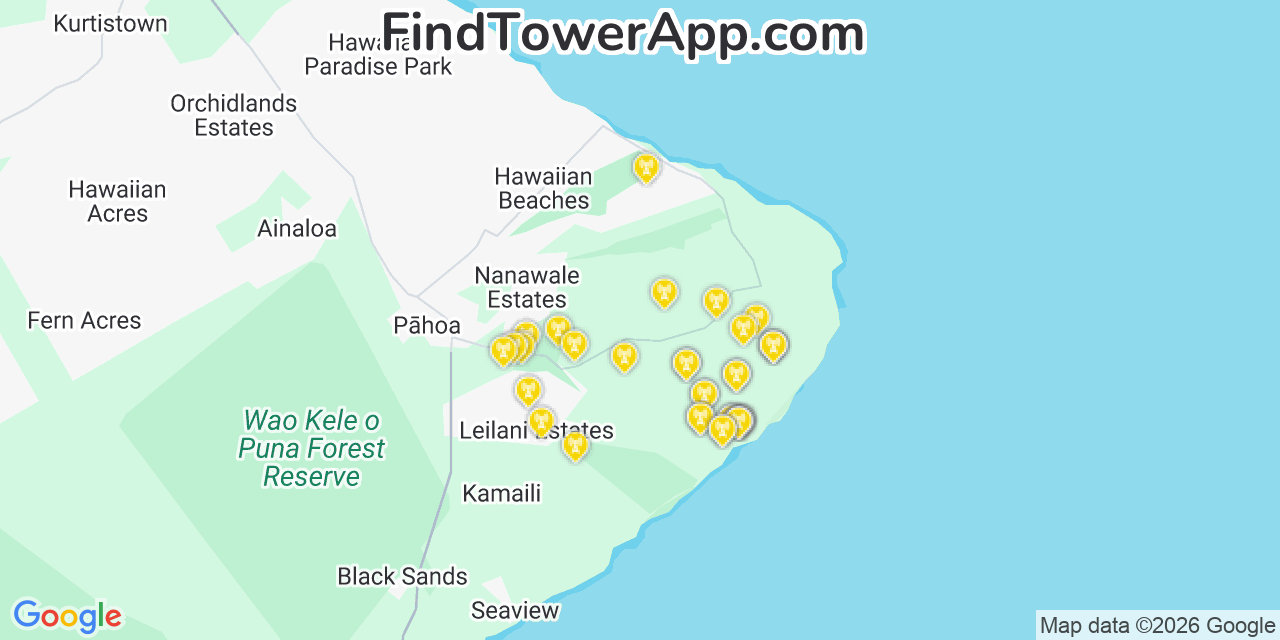 Map showing the 36 primary T-Mobile cell tower locations detected in Waipi�O Acres, Hawaii with coverage radius and signal strength indicators