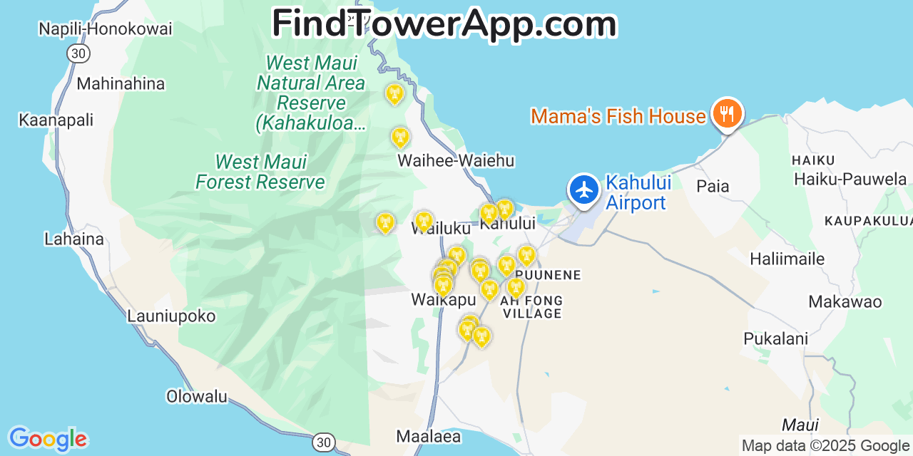 Map showing the 21 primary AT&T cell tower locations detected in Waipi‘o Acres, Hawaii with coverage radius and signal strength indicators