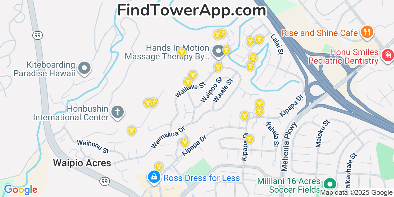 Map showing the 20 primary cell tower locations detected in Waipio Acres, Hawaii from AT&T, Verizon, and T-Mobile networks