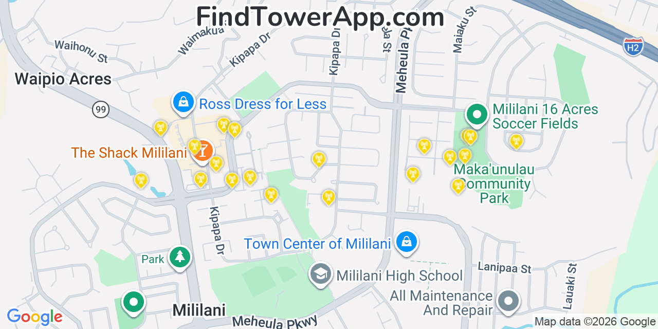 Map showing the 20 primary cell tower locations detected in Waipio Acres, Hawaii from AT&T, Verizon, and T-Mobile networks