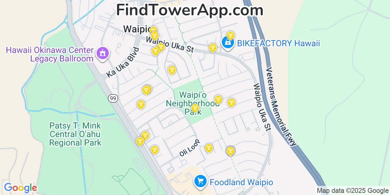 Map showing the 20 primary cell tower locations detected in Waipio, Hawaii from AT&T, Verizon, and T-Mobile networks