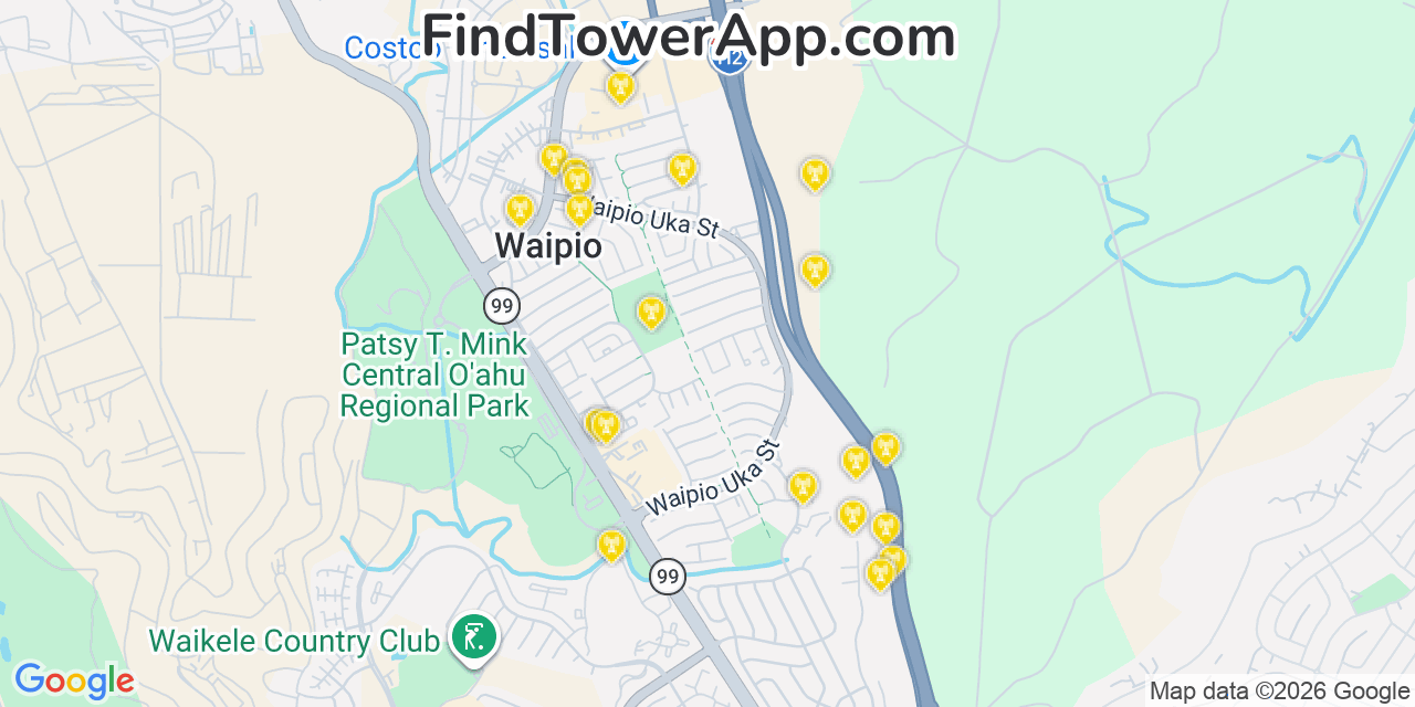 Map showing the 20 primary cell tower locations detected in Waipio, Hawaii from AT&T, Verizon, and T-Mobile networks