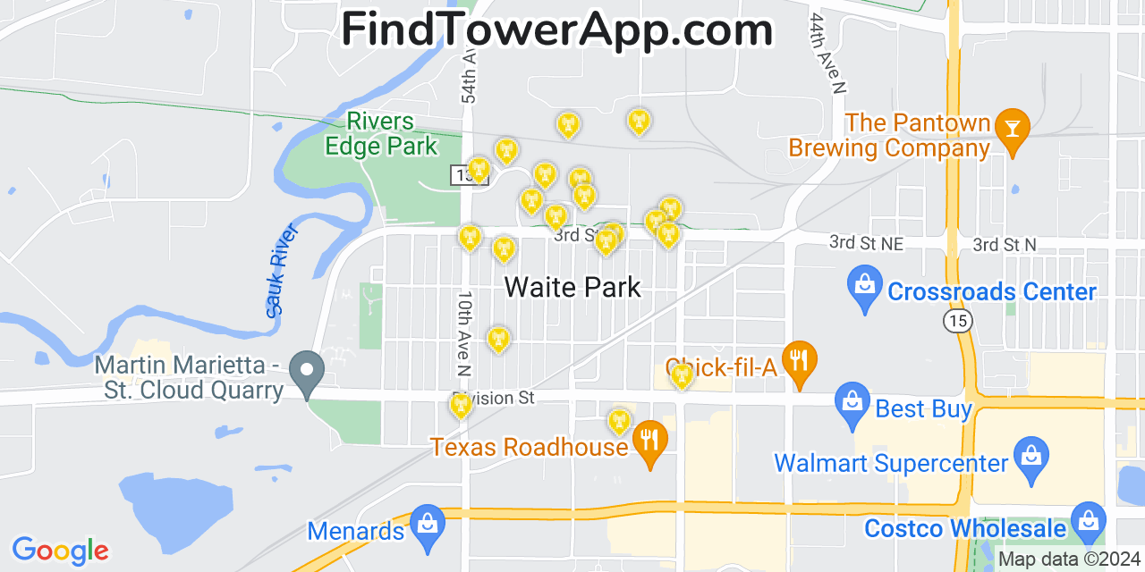 AT&T 4G/5G cell tower coverage map Waite Park, Minnesota