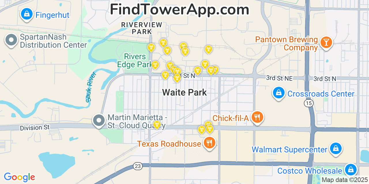 Map showing the 20 primary cell tower locations detected in Waite Park, Minnesota from AT&T, Verizon, and T-Mobile networks