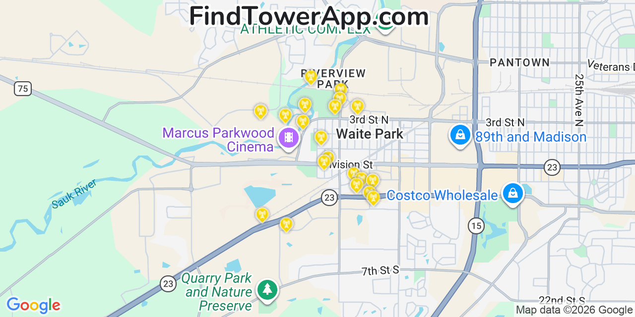 Map showing the 20 primary cell tower locations detected in Waite Park, Minnesota from AT&T, Verizon, and T-Mobile networks