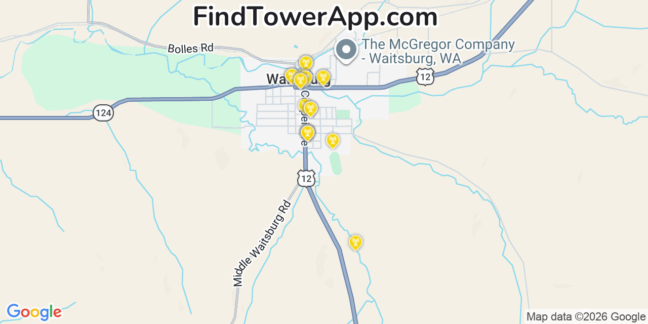 Map showing the 20 primary cell tower locations detected in Waitsburg, Washington from AT&T, Verizon, and T-Mobile networks