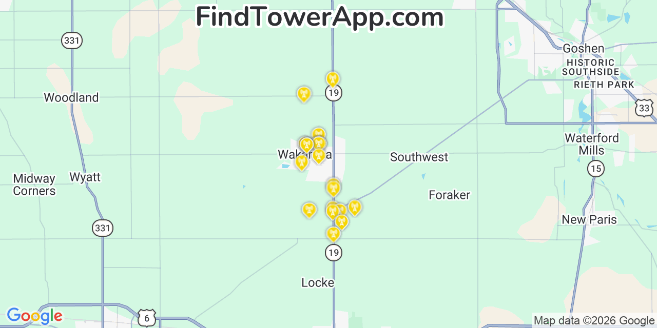 Map showing the 20 primary cell tower locations detected in Wakarusa, Indiana from AT&T, Verizon, and T-Mobile networks
