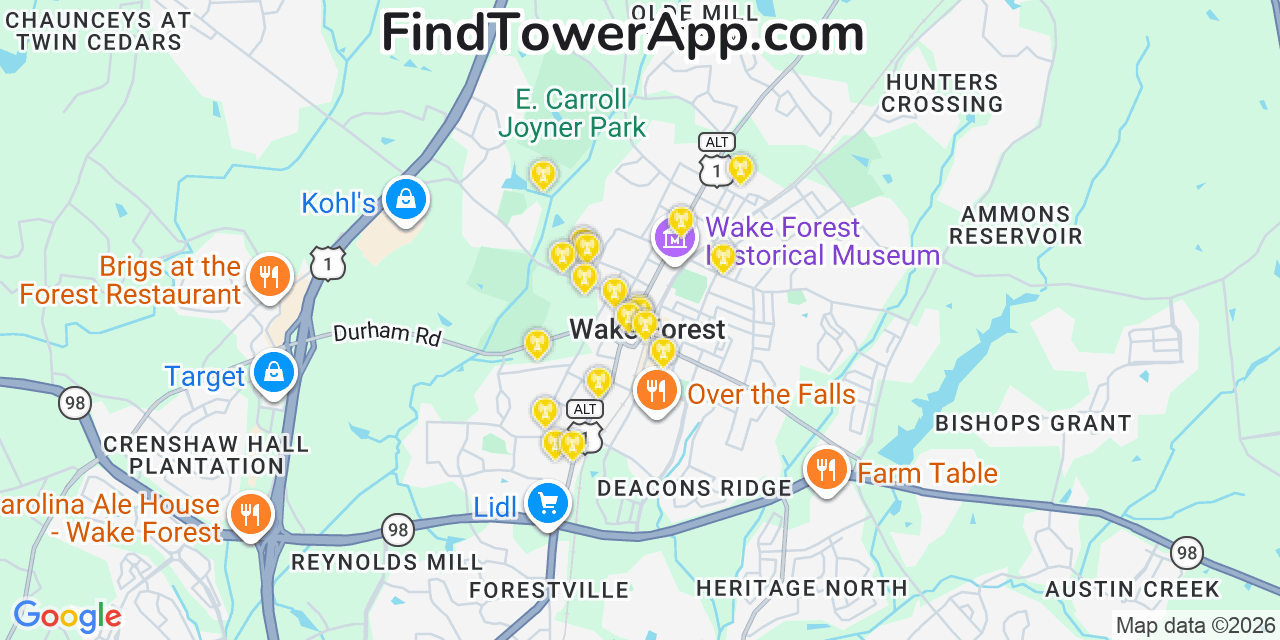 Map showing the 20 primary cell tower locations detected in Wake Forest, North Carolina from AT&T, Verizon, and T-Mobile networks