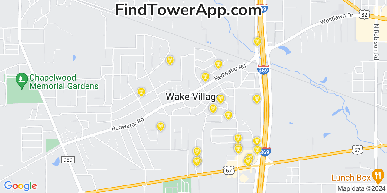 AT&T 4G/5G cell tower coverage map Wake Village, Texas