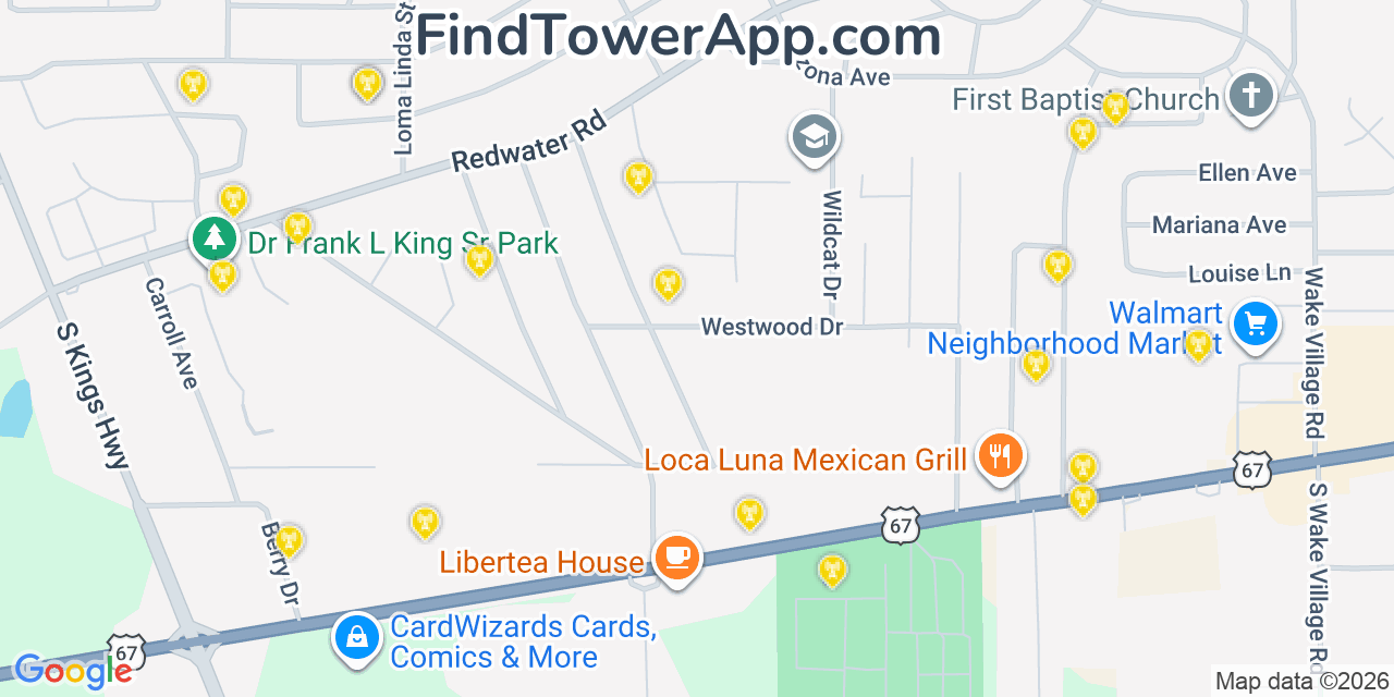 Map showing the 20 primary cell tower locations detected in Wake Village, Texas from AT&T, Verizon, and T-Mobile networks