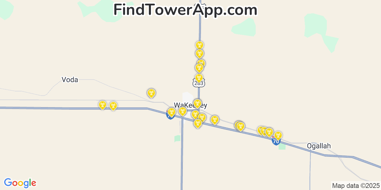 Map showing the 37 primary AT&T cell tower locations detected in Wakeeney, Kansas with coverage radius and signal strength indicators