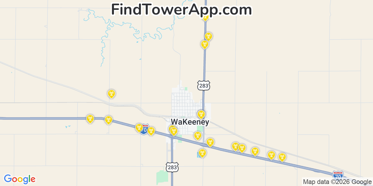 Map showing the 20 primary cell tower locations detected in Wakeeney, Kansas from AT&T, Verizon, and T-Mobile networks