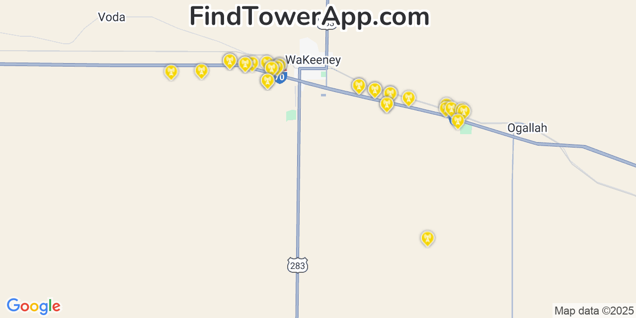Map showing the 32 primary T-Mobile cell tower locations detected in Wakeeney, Kansas with coverage radius and signal strength indicators