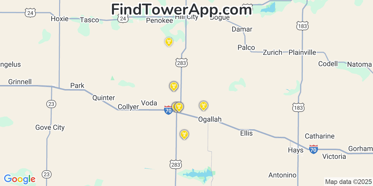 Map showing the 21 primary Verizon cell tower locations detected in Wakeeney, Kansas with coverage radius and signal strength indicators