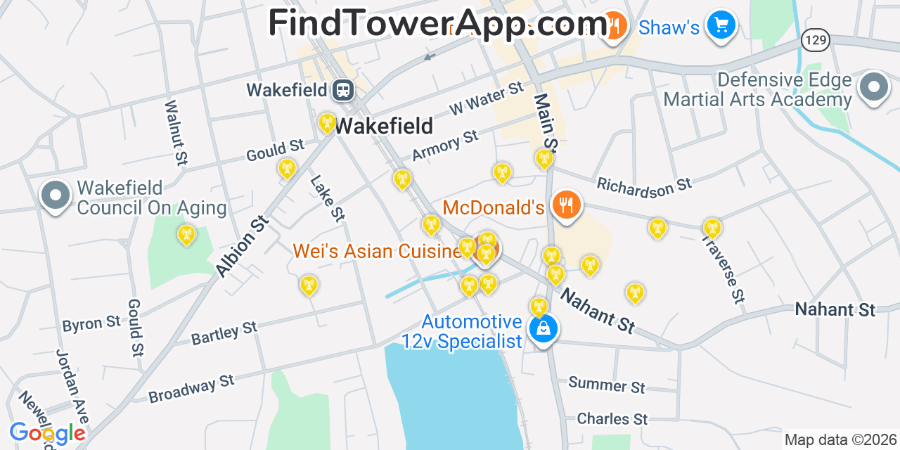 Map showing the 20 primary cell tower locations detected in Wakefield, Massachusetts from AT&T, Verizon, and T-Mobile networks