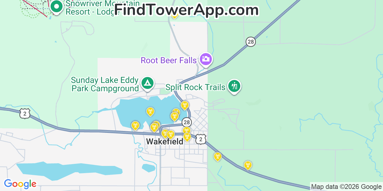 Map showing the 20 primary cell tower locations detected in Wakefield, Michigan from AT&T, Verizon, and T-Mobile networks