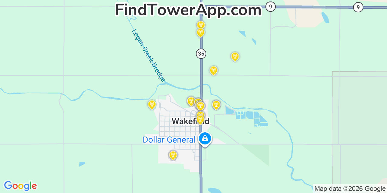 Map showing the 20 primary cell tower locations detected in Wakefield, Nebraska from AT&T, Verizon, and T-Mobile networks