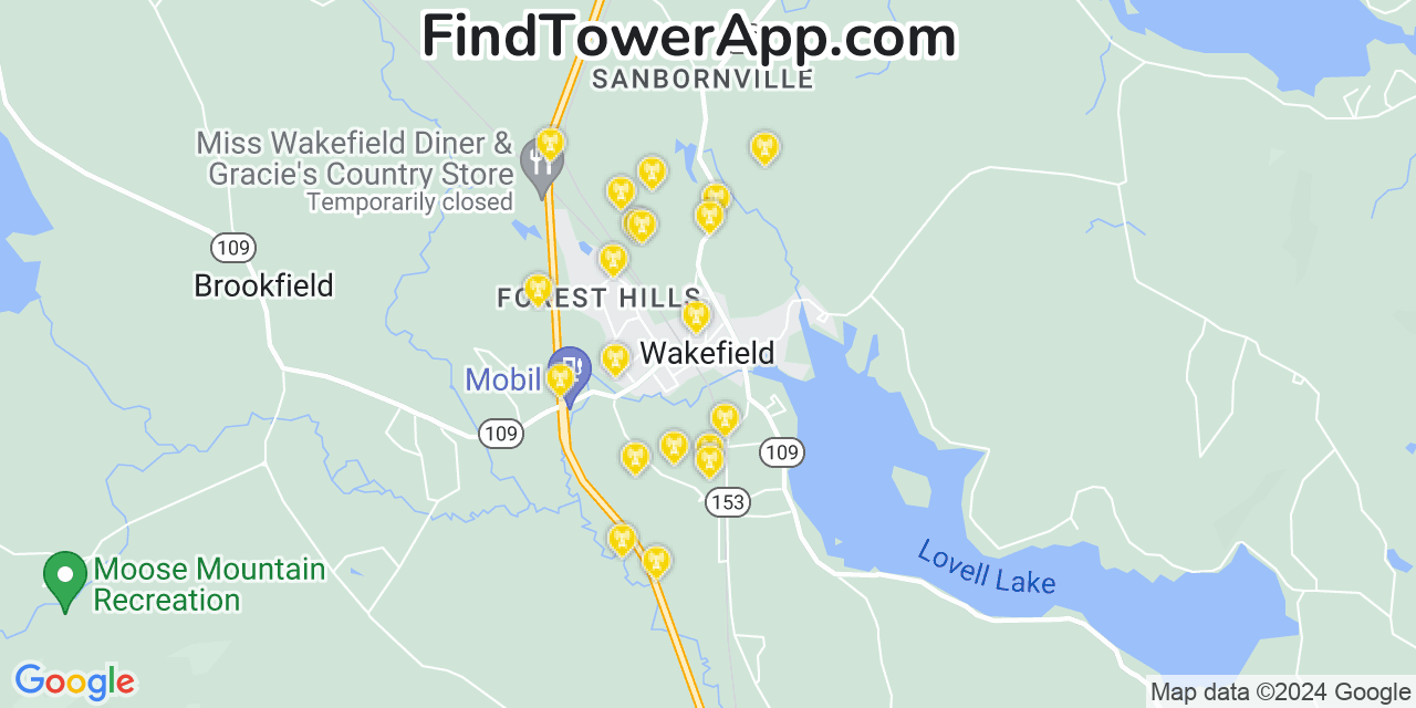 Verizon 4G/5G cell tower coverage map Wakefield, New Hampshire