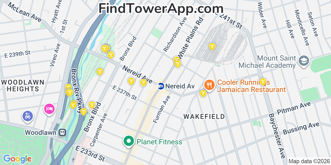 Map showing the 20 primary cell tower locations detected in Wakefield, New York from AT&T, Verizon, and T-Mobile networks