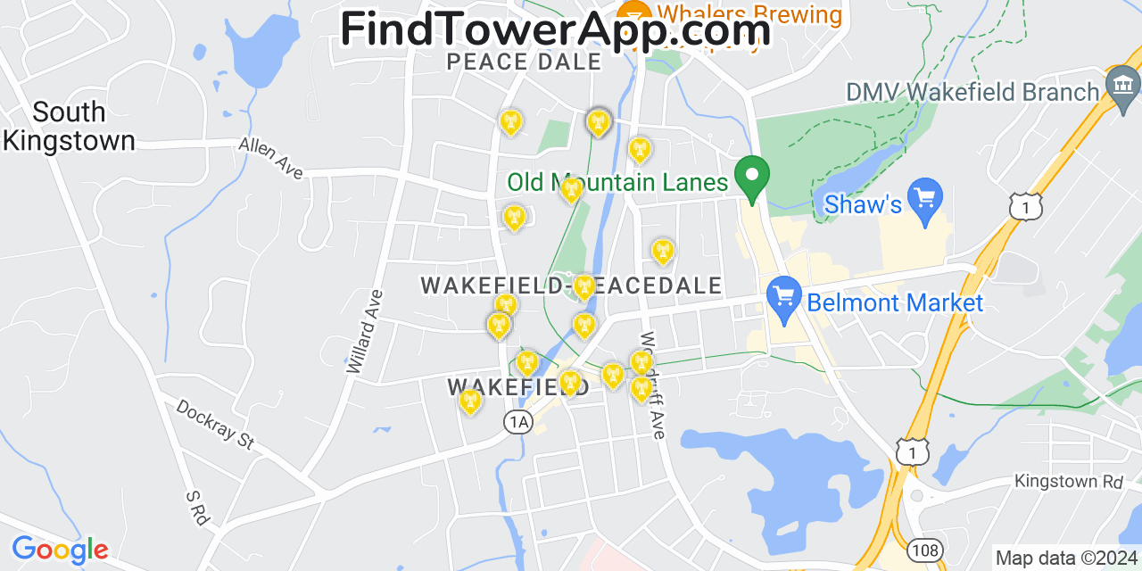 AT&T 4G/5G cell tower coverage map Wakefield Peacedale, Rhode Island