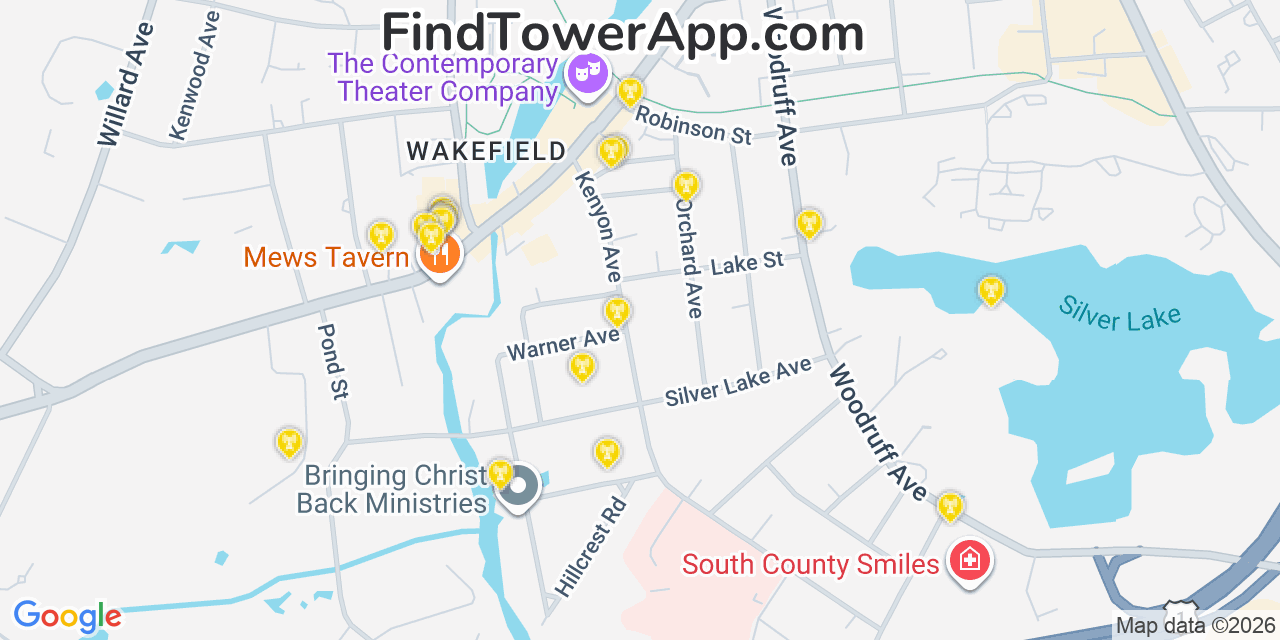Map showing the 20 primary cell tower locations detected in Wakefield Peacedale, Rhode Island from AT&T, Verizon, and T-Mobile networks