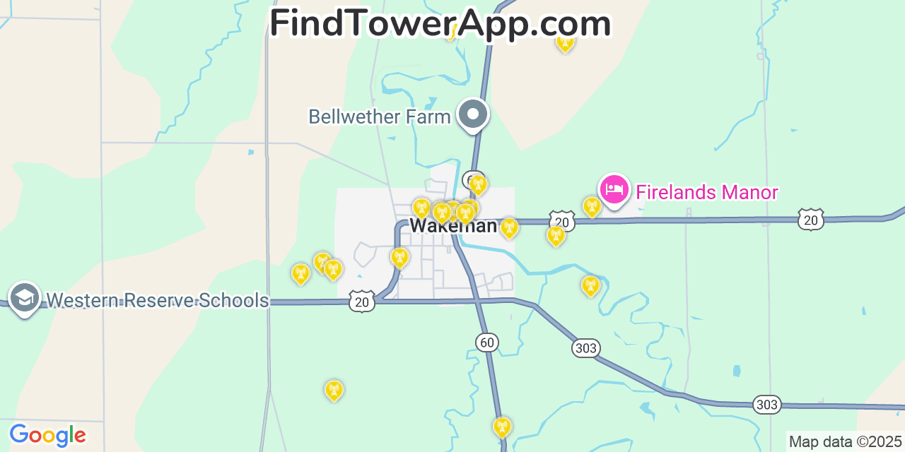 Map showing the 20 primary cell tower locations detected in Wakeman, Ohio from AT&T, Verizon, and T-Mobile networks