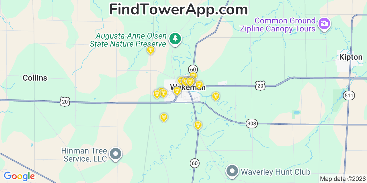 Map showing the 20 primary cell tower locations detected in Wakeman, Ohio from AT&T, Verizon, and T-Mobile networks