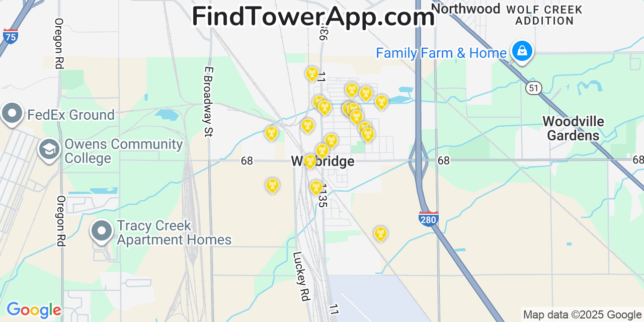 Map showing the 20 primary cell tower locations detected in Walbridge, Ohio from AT&T, Verizon, and T-Mobile networks