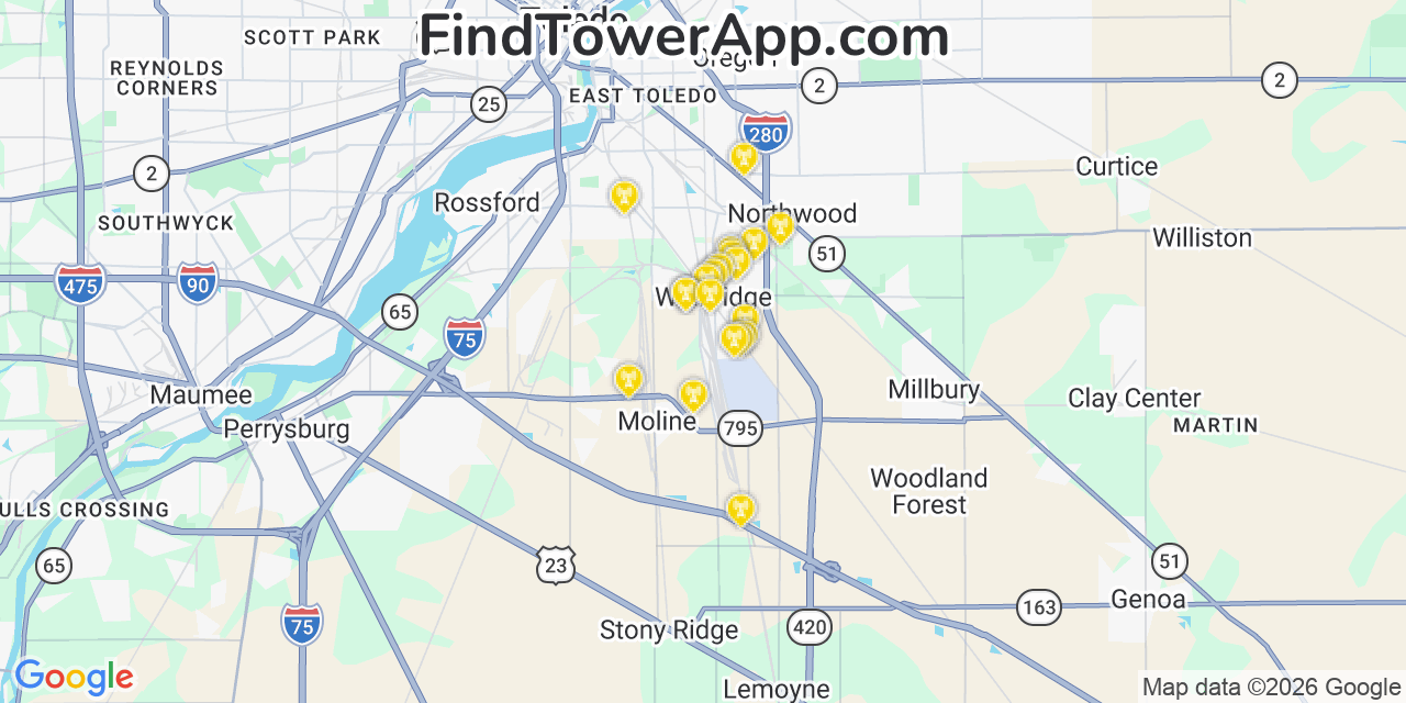 Map showing the 20 primary cell tower locations detected in Walbridge, Ohio from AT&T, Verizon, and T-Mobile networks